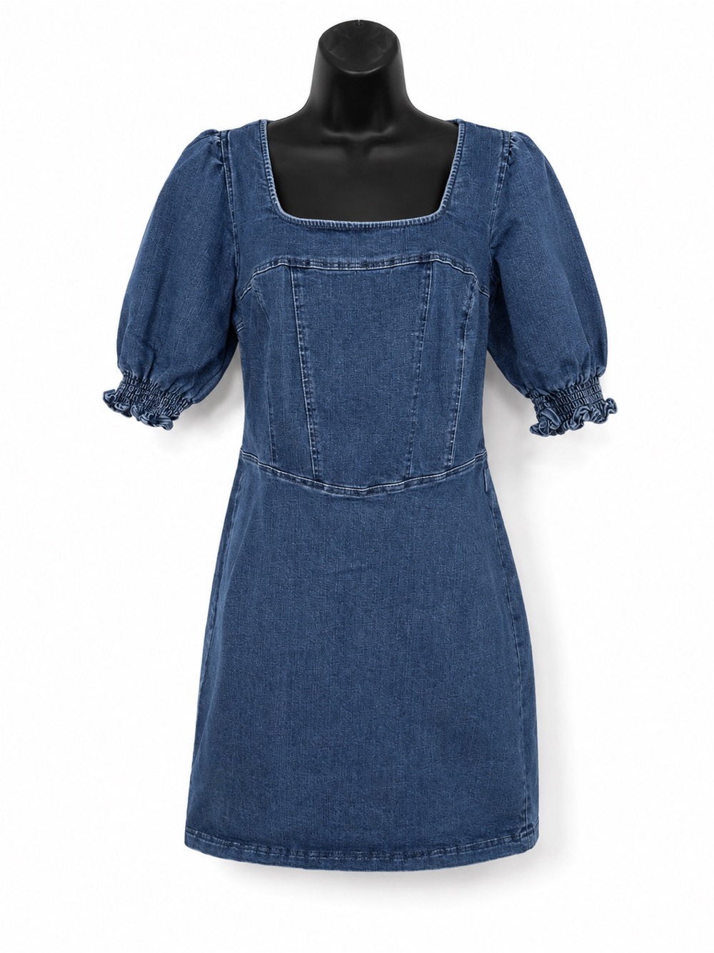 Betsey Johnson Denim Square-Neck Puff Sleeve Dress - Blue